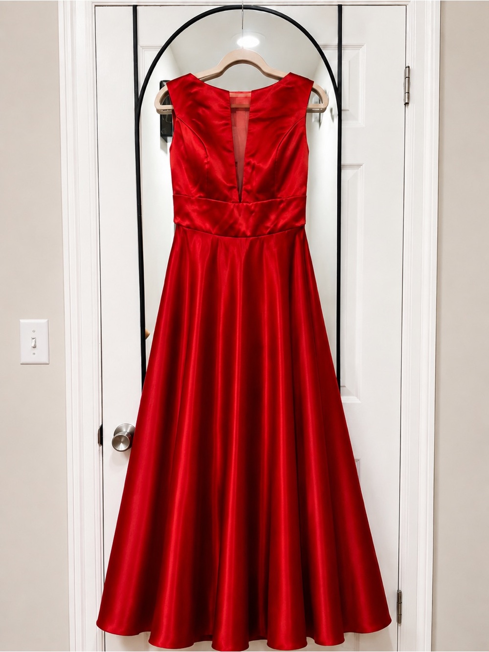 Elegant Red Satin V-Neck Midi Dress